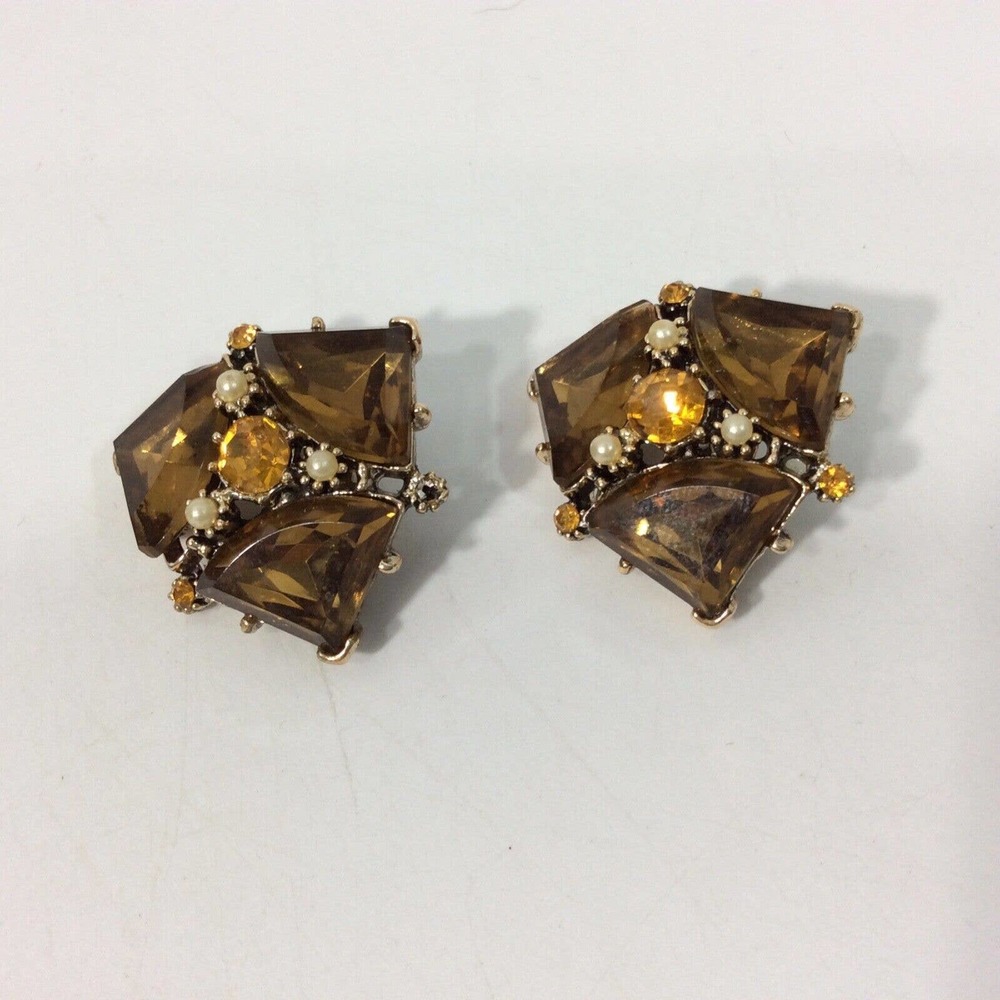 Vintage Clip On Earrings Signed Rene Amber Citrine Pearls Rhinestones
